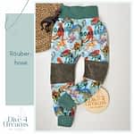 Räuberhose aus Bio-French Terry mit coolem Dino-Motiv mit robustem Cord an den Kniebereichen, perfekt für Krabbelkinder und Kinder zum Spielen; mit bequemem Bauchbündchen