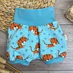 Kurze Pumphose Baby Gr. 68 mit Tiger & türkisem Hintergrund; genäht aus Jersey; mitwachsend
