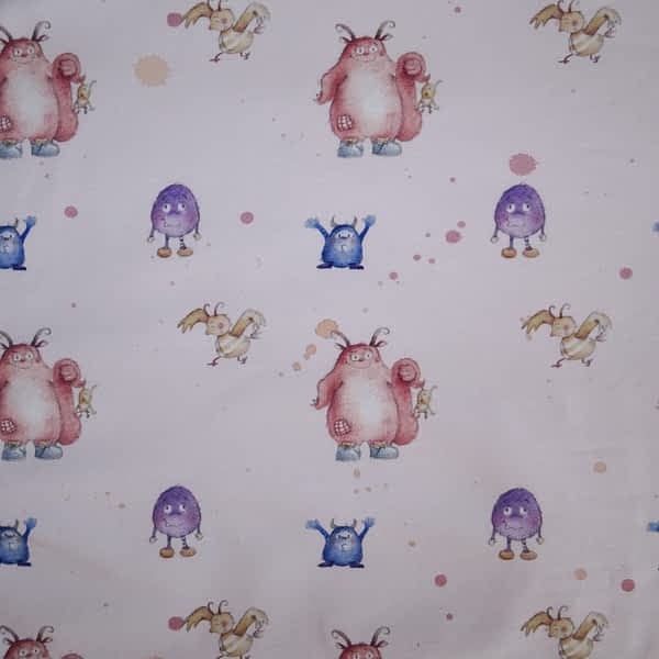 Handgemachte Babykleidung: French Terry Stoff mit süßem Monster-Motiv mit leicht rosa Hintergrund - nachhaltiger, weicher Stoff ideal für Baby- und Kinderkleidung, für umweltbewusste mitwachsende handgemachte Kindermode, wie Hoodie für Kinder, Shirt für Kinder
