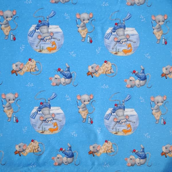 Bio-Jersey Stoff mit süßem Mäuse-Motiv mit blauem Hintergrund - nachhaltiger, weicher Stoff ideal für Baby- und Kinderkleidung, für umweltbewusste mitwachsende handgemachte Kindermode, wie T-Shirt für Kinder, Langarmshirt, Schlafanzug