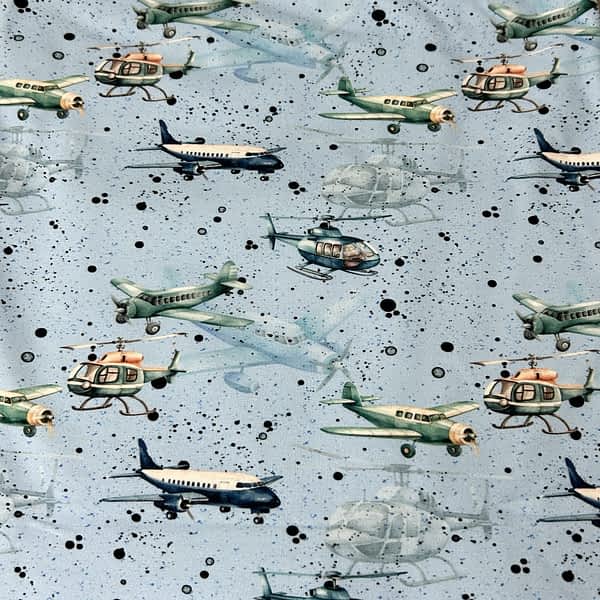 Jersey Stoff mit Flugzeugmotiv und Hubschraubermotiv - weicher, hochwertiger Bio-Stoff mit Flieger-Design für Kleidung, Kinderkleidung, Babykleidung, Handmadekleidung, nachhaltig