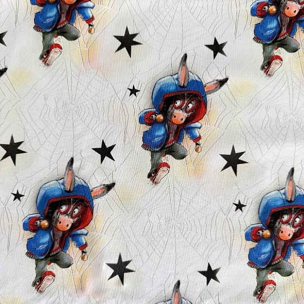 Kinder-Stoff - weicher, elastischer Jersey - mit coolem Esel als Superheld auf hellgrauem Hintergrund mit Sternen und angedeutetem Spinnennetz mit Sternen - langlebige Farben & hochwertige Qualität, ideal für Babykleidung & Kindermode